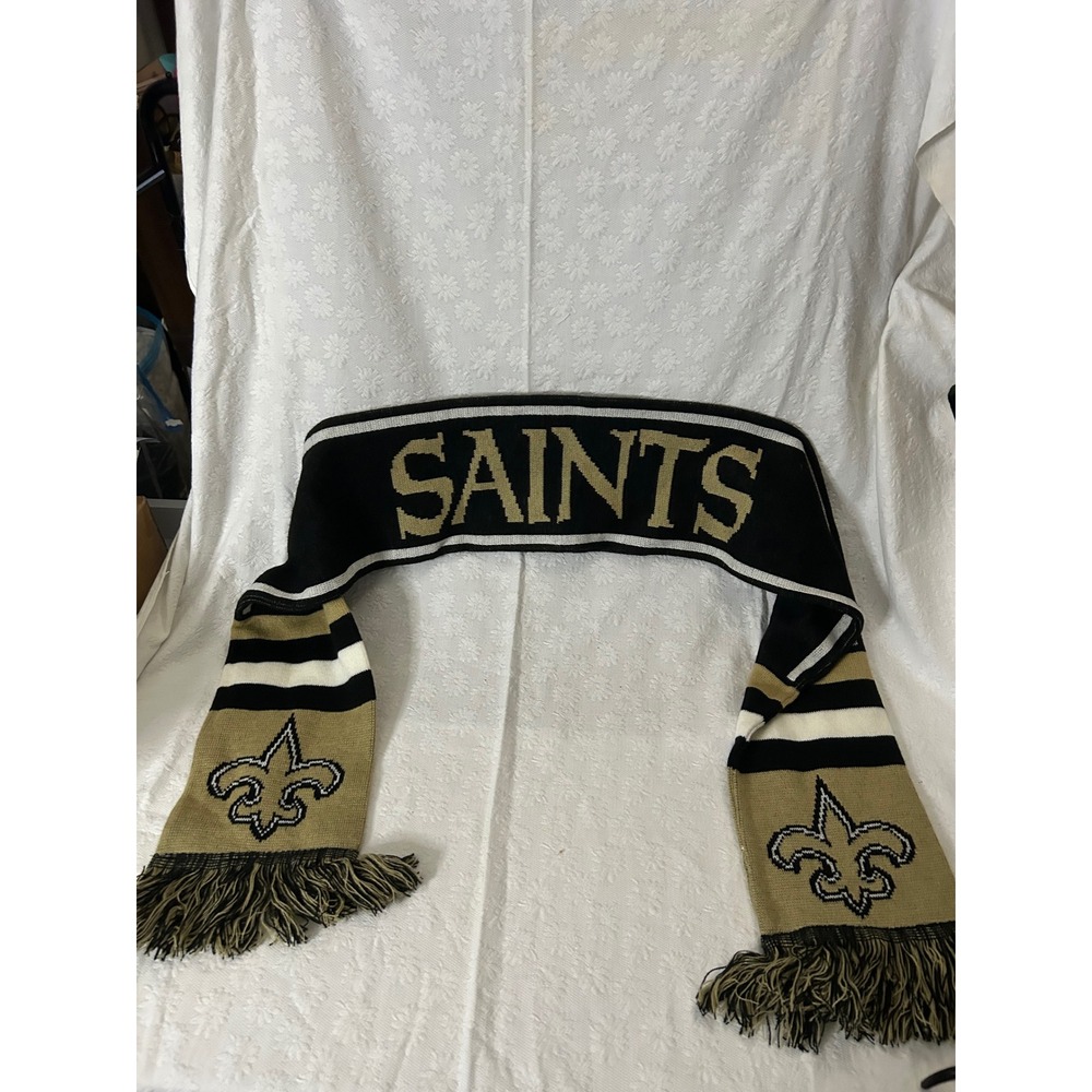 New Orleans Saints NFL Knit Scarf Black Gold Fleur De Lis Logo Fringe Fan Gear